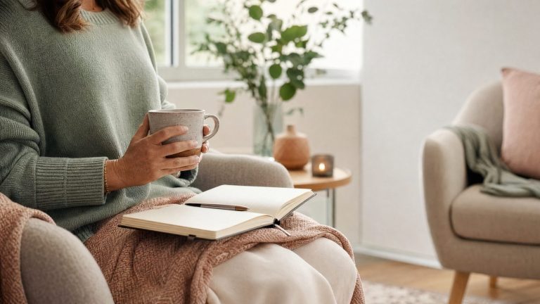 Woman holding a mug and journal in a calm wellness setting for an Elevate Health perimenopause article